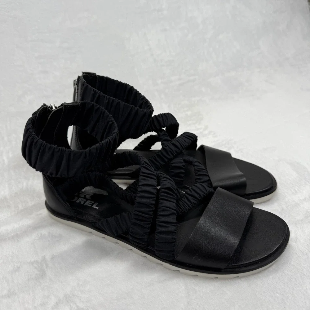 Sorel Gladiator Sandals Ruched Straps Back Zipper Black Leather Size 6.5‎